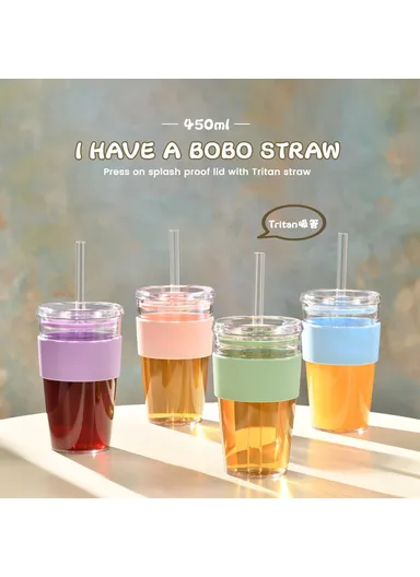 450ml Tritan Straw Cup, Water Bottle, Coffee Mug with Sleeve, Portable Drinkware for Home &amp; Office - Black