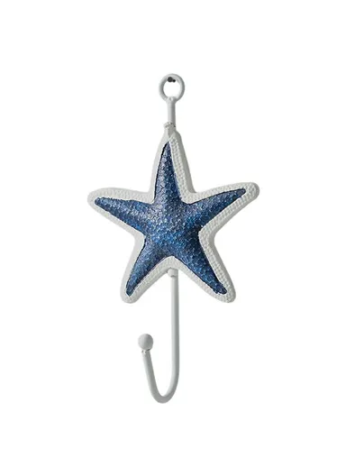 Mediterranean Style Wall Hooks, Iron Coat Rack Door Hanger Ocean Theme Home Decor Storage Holder - Blue White Starfish