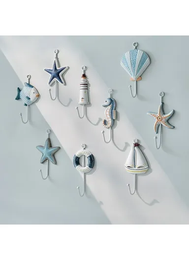 Mediterranean Style Wall Hooks, Iron Coat Rack Door Hanger Ocean Theme Home Decor Storage Holder - Blue White Starfish