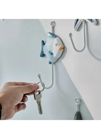 Mediterranean Style Wall Hooks, Iron Coat Rack Door Hanger Ocean Theme Home Decor Storage Holder - White