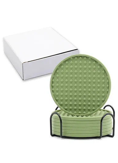 6Pcs Silicone Coasters Set, with Metal Holder, 10cm Round Draining Heat Resistant, Non-Slip Mats Pentagon - Bean Green