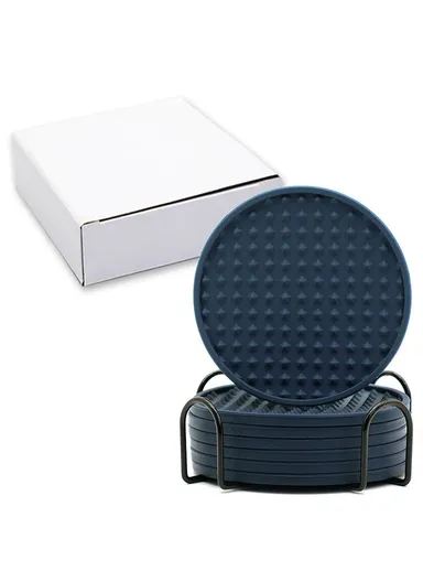 6Pcs Silicone Coasters Set, with Metal Holder, 10cm Round Draining Heat Resistant, Non-Slip Mats Pentagon - Navy Blue