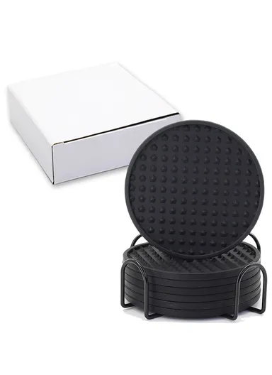 6Pcs Silicone Coasters Set, with Metal Holder, 10cm Round Draining Heat Resistant, Non-Slip Mats Pentagon - Black