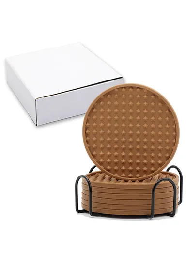 6Pcs Silicone Coasters Set, with Metal Holder, 10cm Round Draining Heat Resistant, Non-Slip Mats Pentagon - Tan