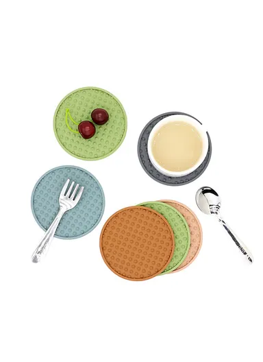 6Pcs Silicone Coasters Set, with Metal Holder, 10cm Round Draining Heat Resistant, Non-Slip Mats Stripe - Grey