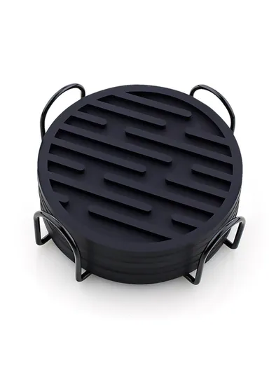 6Pcs Silicone Coasters Set, with Metal Holder, 10cm Round Draining Heat Resistant, Non-Slip Mats Stripe - Black