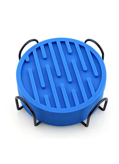 6Pcs Silicone Coasters Set, with Metal Holder, 10cm Round Draining Heat Resistant, Non-Slip Mats Stripe - Blue