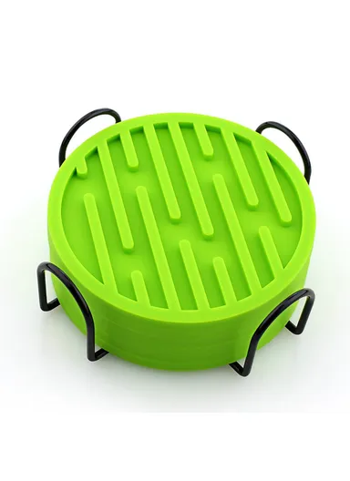 6Pcs Silicone Coasters Set, with Metal Holder, 10cm Round Draining Heat Resistant, Non-Slip Mats Stripe - Green