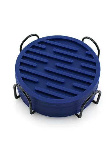 6Pcs Silicone Coasters Set, with Metal Holder, 10cm Round Draining Heat Resistant, Non-Slip Mats Stripe - Navy Blue