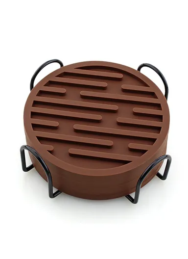 6Pcs Silicone Coasters Set, with Metal Holder, 10cm Round Draining Heat Resistant, Non-Slip Mats Stripe - Coffee