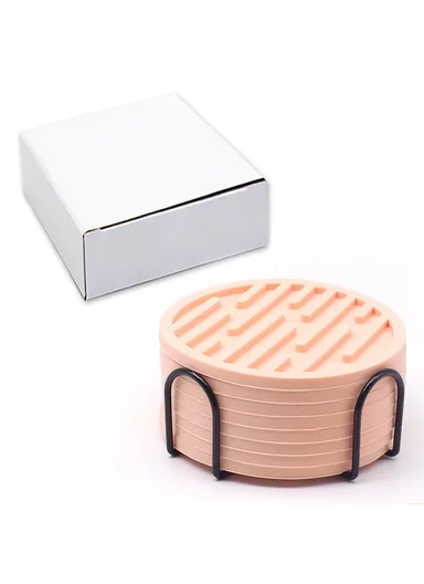 6Pcs Silicone Coasters Set, with Metal Holder, 10cm Round Draining Heat Resistant, Non-Slip Mats Stripe - Pink