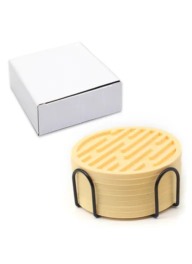 6Pcs Silicone Coasters Set, with Metal Holder, 10cm Round Draining Heat Resistant, Non-Slip Mats Stripe - Yellow