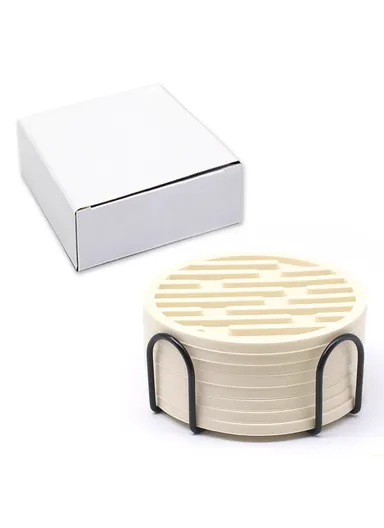 6Pcs Silicone Coasters Set, with Metal Holder, 10cm Round Draining Heat Resistant, Non-Slip Mats Stripe - Beige