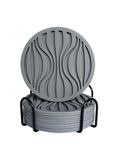 6Pcs Silicone Coasters Set, with Metal Holder, 10cm Round Draining Heat Resistant, Non-Slip Mats Wave - Grey