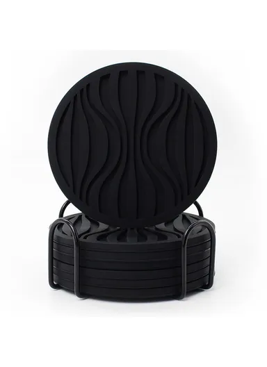 6Pcs Silicone Coasters Set, with Metal Holder, 10cm Round Draining Heat Resistant, Non-Slip Mats Wave - Black
