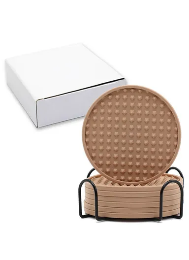8Pcs Silicone Coasters Set, with Metal Holder, 10cm Round Draining, Heat Resistant, Non Slip Mats Pentagon - Lotus Pink