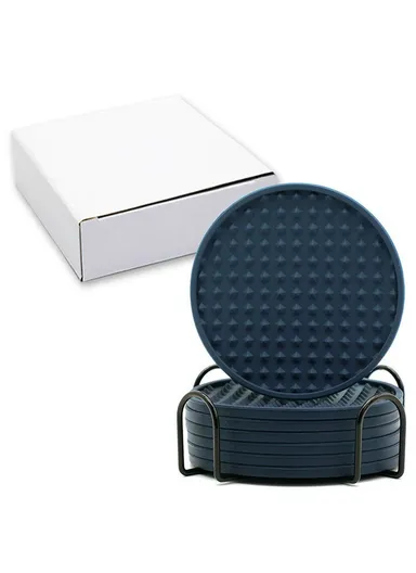 8Pcs Silicone Coasters Set, with Metal Holder, 10cm Round Draining, Heat Resistant, Non Slip Mats Pentagon - Navy Blue