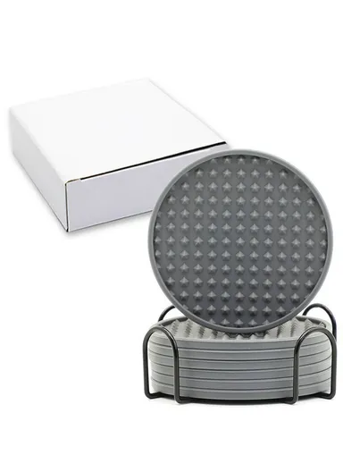 8Pcs Silicone Coasters Set, with Metal Holder, 10cm Round Draining, Heat Resistant, Non Slip Mats Pentagon - Grey
