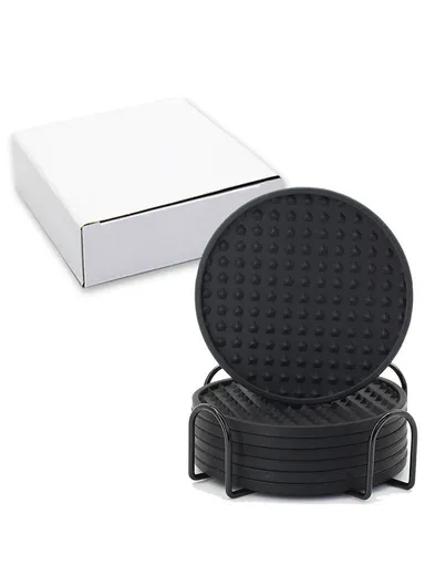 8Pcs Silicone Coasters Set, with Metal Holder, 10cm Round Draining, Heat Resistant, Non Slip Mats Pentagon - Black