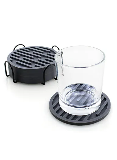 8Pcs Silicone Coasters Set, with Metal Holder, 10cm Round Draining, Heat Resistant, Non Slip Mats Pentagon - Black