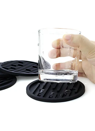 8Pcs Silicone Coasters Set, with Metal Holder, 10cm Round Draining, Heat Resistant, Non Slip Mats Pentagon - Black