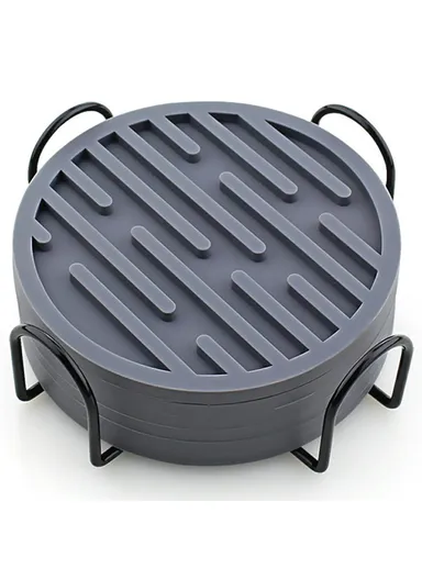 8Pcs Silicone Coasters Set, with Metal Holder, 10cm Round Draining Heat Resistant Non Slip Mats Stripe - Grey
