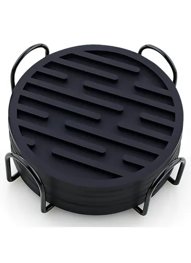 8Pcs Silicone Coasters Set, with Metal Holder, 10cm Round Draining Heat Resistant Non Slip Mats Stripe - Black