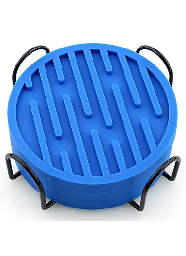 8Pcs Silicone Coasters Set, with Metal Holder, 10cm Round Draining Heat Resistant Non Slip Mats Stripe - Blue
