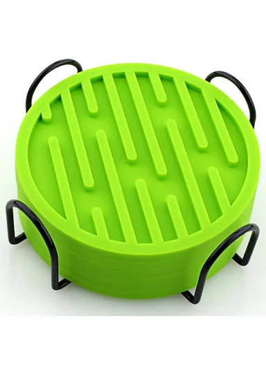 8Pcs Silicone Coasters Set, with Metal Holder, 10cm Round Draining Heat Resistant Non Slip Mats Stripe - Green