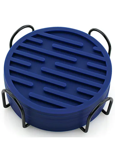8Pcs Silicone Coasters Set, with Metal Holder, 10cm Round Draining Heat Resistant Non Slip Mats Stripe - Navy Blue