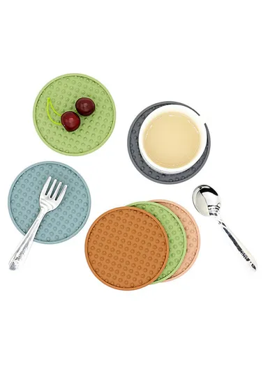 8Pcs Silicone Coasters Set, with Metal Holder, 10cm Round Draining Heat Resistant Non Slip Mats Stripe - Navy Blue