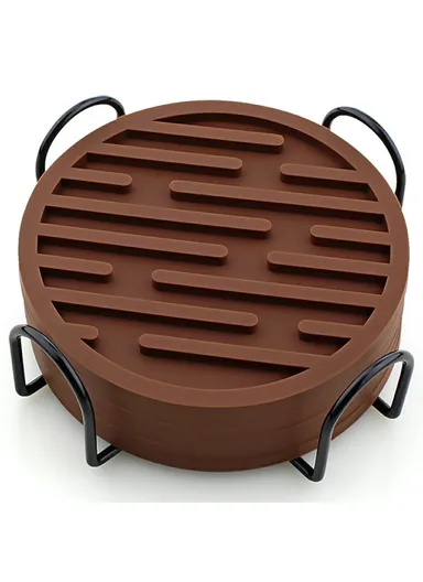 8Pcs Silicone Coasters Set, with Metal Holder, 10cm Round Draining Heat Resistant Non Slip Mats Stripe - Coffee