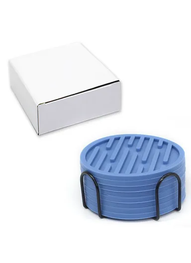 8Pcs Silicone Coasters Set, with Metal Holder, 10cm Round Draining Heat Resistant Non Slip Mats Stripe - Nordic Blue