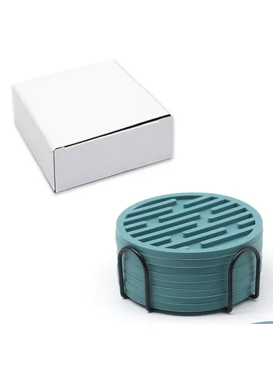 8Pcs Silicone Coasters Set, with Metal Holder, 10cm Round Draining Heat Resistant Non Slip Mats Stripe - Nordic Green