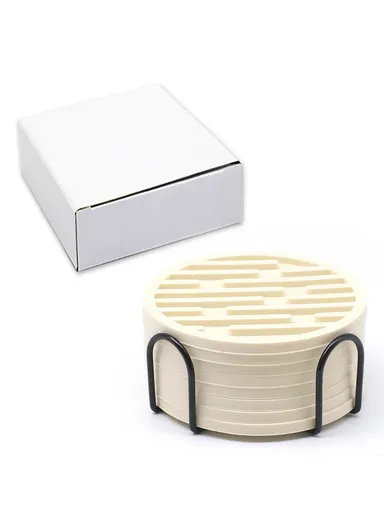 8Pcs Silicone Coasters Set, with Metal Holder, 10cm Round Draining Heat Resistant Non Slip Mats Stripe - Beige