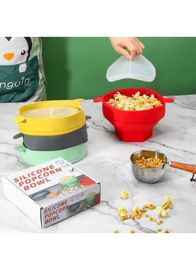 Silicone Popcorn Bowl Microwave Safe Reusable Collapsible Container with Lid  (BPA Free, FDA Certified) - Grey