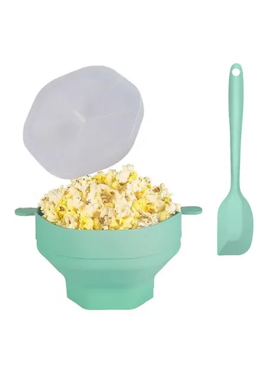 Silicone Popcorn Bowl Microwave Safe Reusable Collapsible Container with Lid and Scraper (BPA Free, FDA Certified) - Cyan