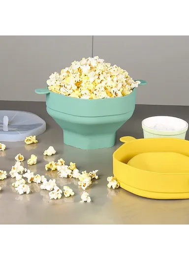 Silicone Popcorn Bowl Microwave Safe Reusable Collapsible Container with Lid and Scraper (BPA Free, FDA Certified) - Cyan
