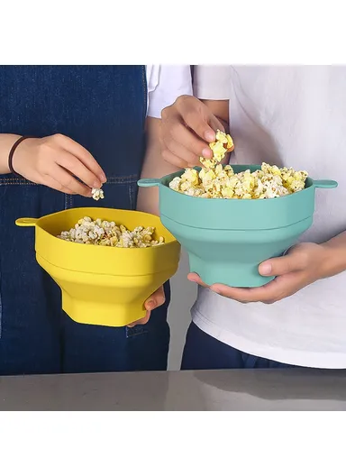 Silicone Popcorn Bowl Microwave Safe Reusable Collapsible Container with Lid and Scraper (BPA Free, FDA Certified) - Cyan