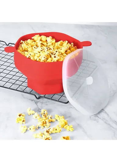Silicone Popcorn Bowl Microwave Safe Reusable Collapsible Container with Lid and Scraper (BPA Free, FDA Certified) - Red