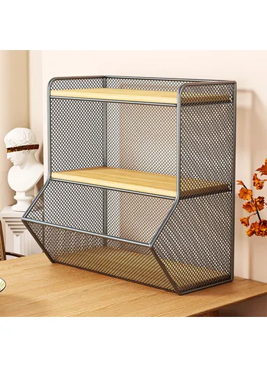 Desktop Storage Basket for Kitchen Countertop ,Iron Frame Wooden Board Dining Table Tea Cup Holder Shelf, Single Grid - Black+Wood Color