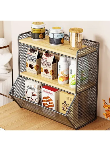 Desktop Storage Basket for Kitchen Countertop ,Iron Frame Wooden Board Dining Table Tea Cup Holder Shelf, Single Grid - Black+Wood Color