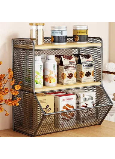 Desktop Storage Basket for Kitchen Countertop ,Iron Frame Wooden Board Dining Table Tea Cup Holder Shelf, Single Grid - Black+Wood Color
