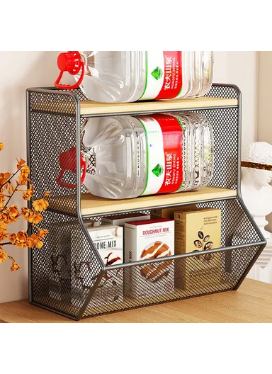 Desktop Storage Basket for Kitchen Countertop ,Iron Frame Wooden Board Dining Table Tea Cup Holder Shelf, Single Grid - Black+Wood Color