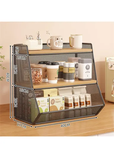 Desktop Storage Basket for Kitchen Countertop ,Iron Frame Wooden Board Dining Table Tea Cup Holder Shelf, Single Grid - Black+Wood Color
