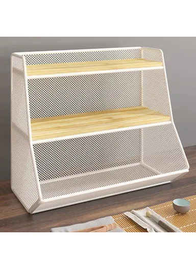 Desktop Storage Basket for Kitchen Countertop, Iron Frame Wooden Board Dining Table Tea Cup Holder Shelf, Single Grid - White+Wood Color