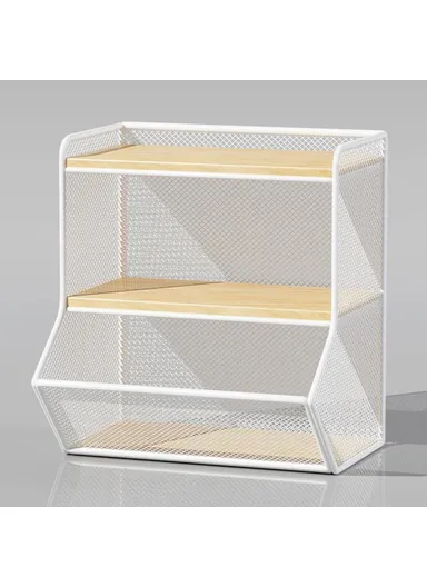 Desktop Storage Basket for Kitchen Countertop, Iron Frame Wooden Board Dining Table Tea Cup Holder Shelf, Single Grid - White+Wood Color