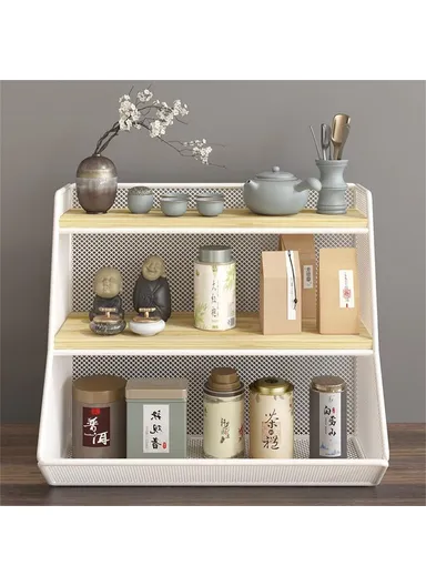 Desktop Storage Basket for Kitchen Countertop, Iron Frame Wooden Board Dining Table Tea Cup Holder Shelf, Single Grid - White+Wood Color