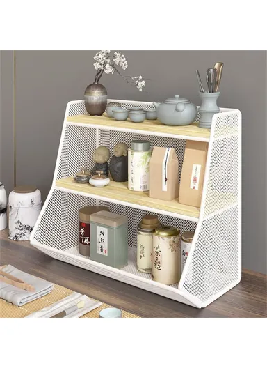 Desktop Storage Basket for Kitchen Countertop, Iron Frame Wooden Board Dining Table Tea Cup Holder Shelf, Single Grid - White+Wood Color
