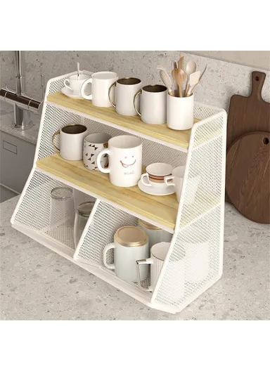 Desktop Storage Basket for Kitchen Countertop, Iron Frame Wooden Board Dining Table Tea Cup Holder Shelf, Single Grid - White+Wood Color